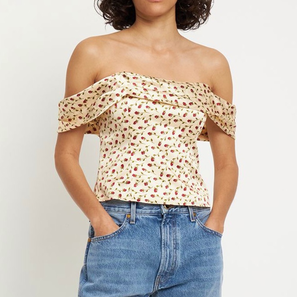 Reformation Lux Silk Top in Madison White Floral Off Shoulder - Picture 1 of 6